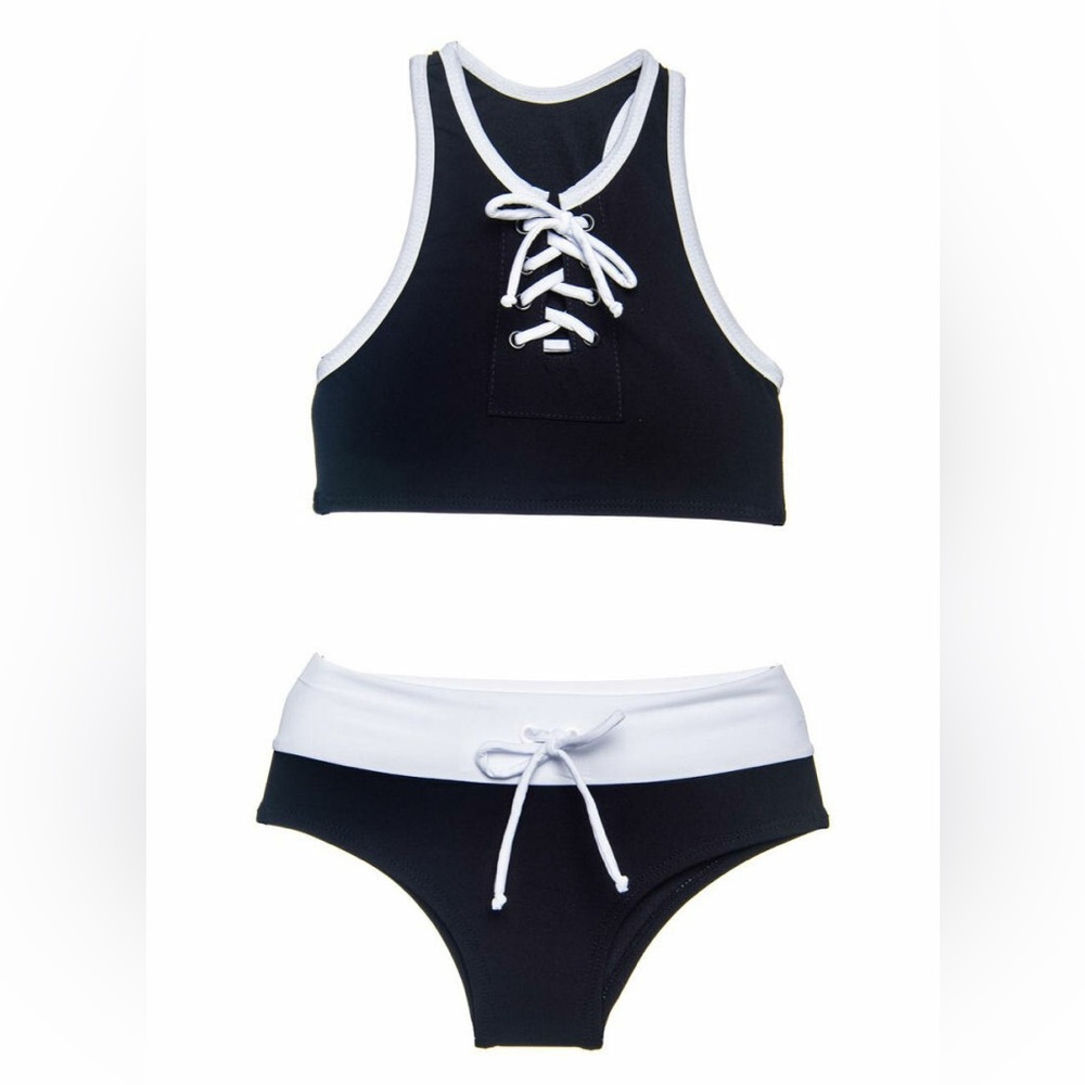 Submarine Black and White Girls Swimsuit 2pc Tankini Lace-up sz 6 Fits 4/5